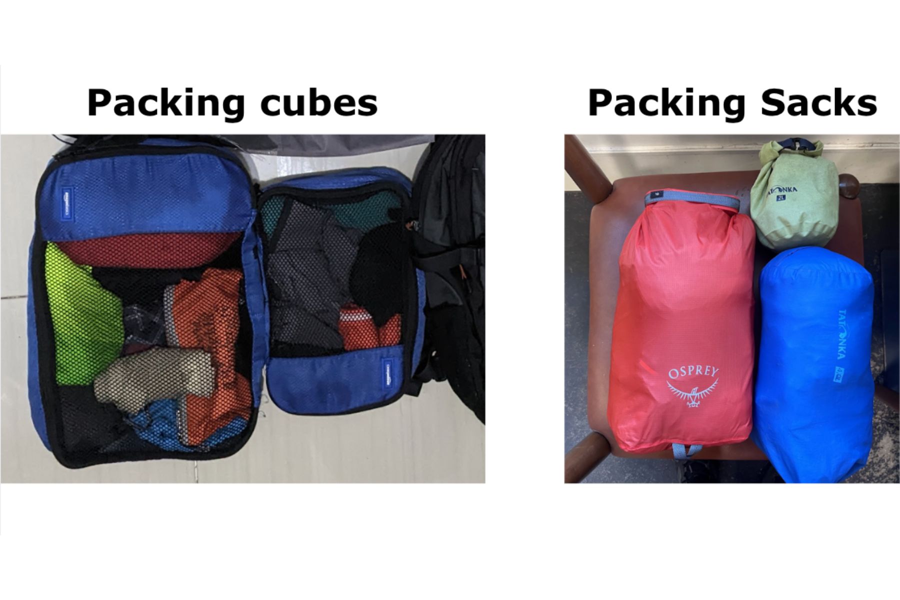 utilizing packing cubes vs packing sacks as organization